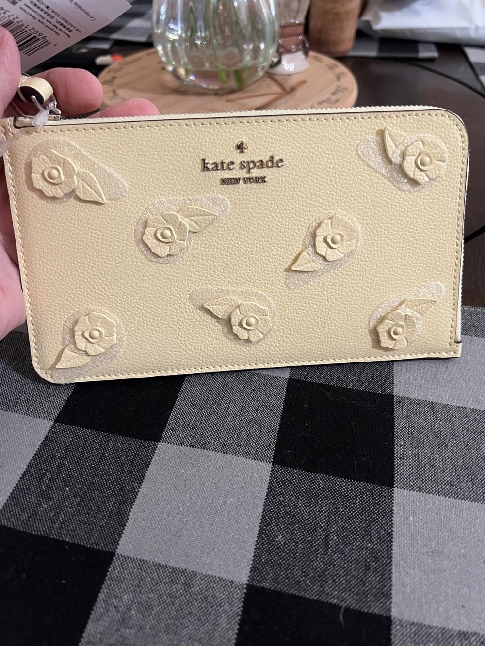 New kate spade Pale Yellow Floral Appliqué Zip Wristlet